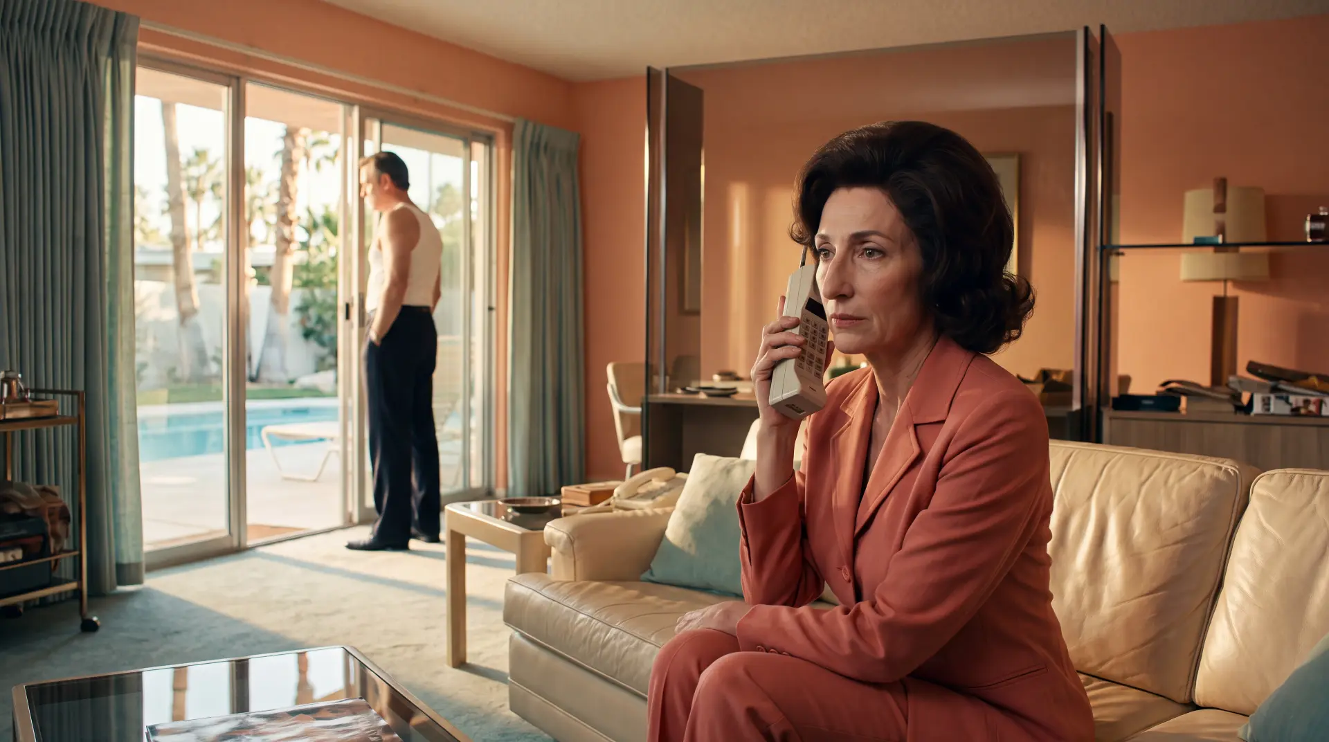 Aufnahme aus dem Portfolio von Chris Jean: Frau telefoniert auf einem Ledersofa