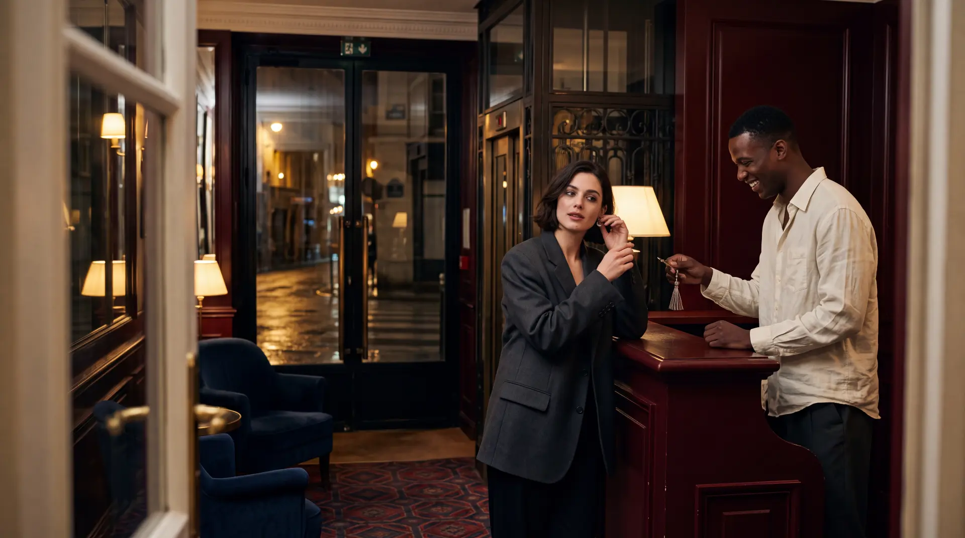 Aufnahme aus dem Portfolio von Chris Jean: Frau erhält an einer Hotelrezeption bei Nacht den Zimmerschlüssel