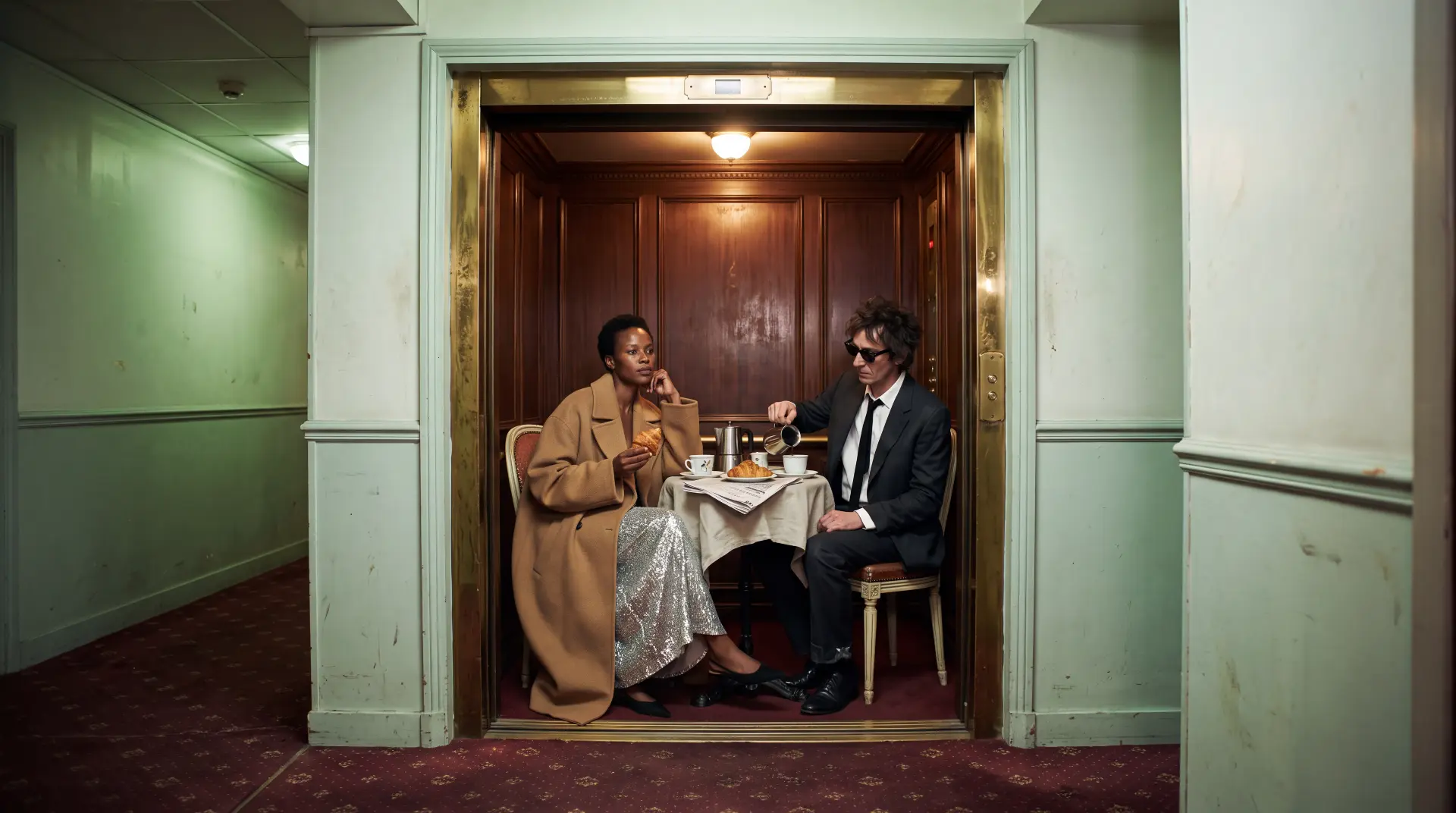 Aufnahme aus dem Portfolio von Chris Jean: Frühstück in einem Aufzug in einem Hotelkorridor